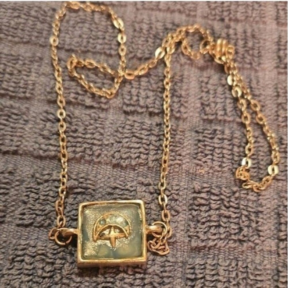 Silver Tone Necklace with Blue Square Pendant Depicting Moon And Star